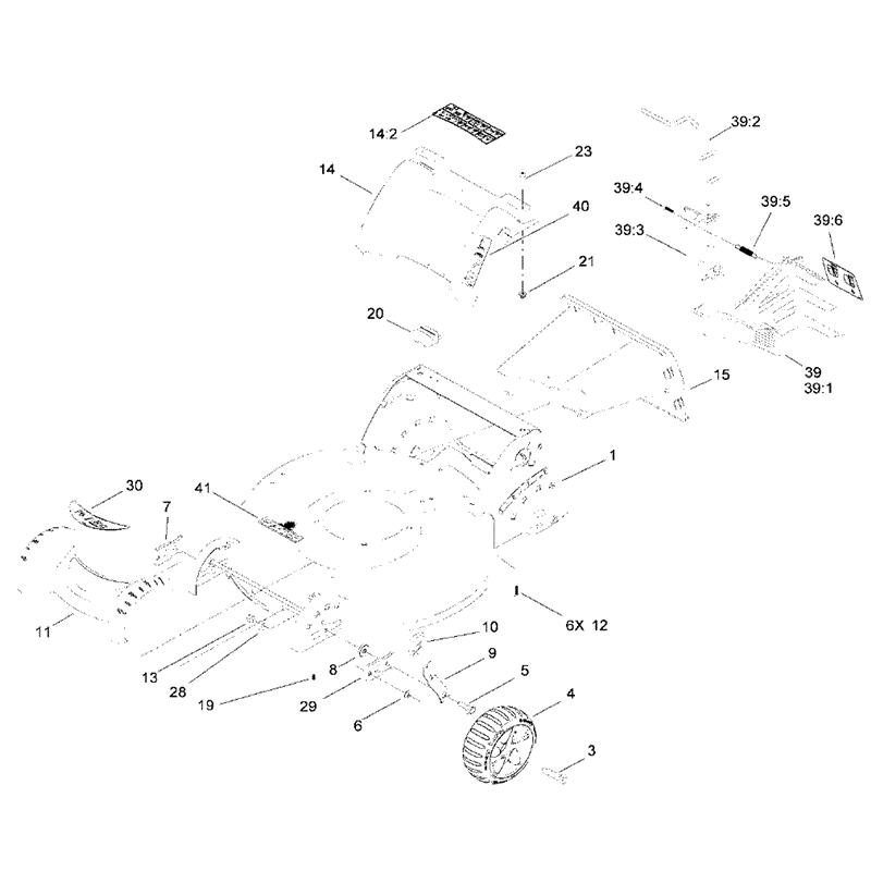 Hayter R53 Recycling Lawnmower (448F310000001 onwards) Parts Diagram, Housing	 Rear Cover & Front Wheel Assembly