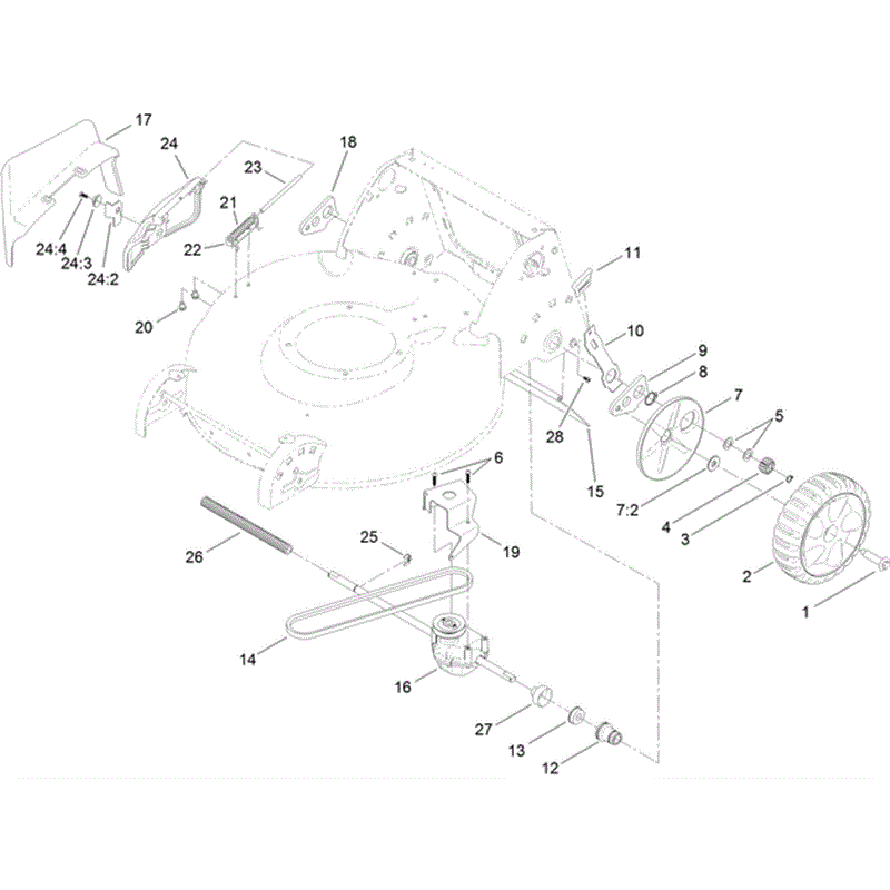 Hayter R53 Recycling Lawnmower (449F312000001 - 449F312999999) Parts Diagram, Rear Wheel Transmission and Side Discharge Chute Assembly