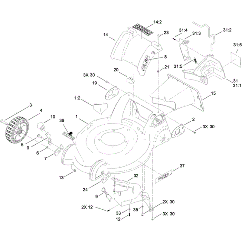 Hayter R53 Recycling Lawnmower (449F311000001 - 449F311999999) Parts Diagram, Housing Rear Cover & Front Wheel Assembly