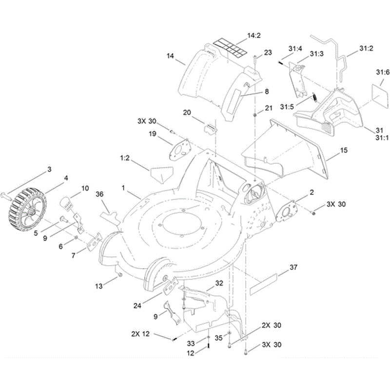 Hayter R53 Recycling Lawnmower (449F313000001-449F313999999 ) Parts Diagram, Housing Rear Cover and Front Wheel Assembly