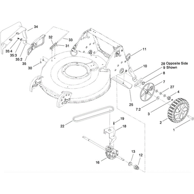 Hayter R53 Recycling Lawnmower (448F311000001 - 448F311999999) Parts Diagram, Rear Wheel Transmission and Side Discharge Chute Assembly