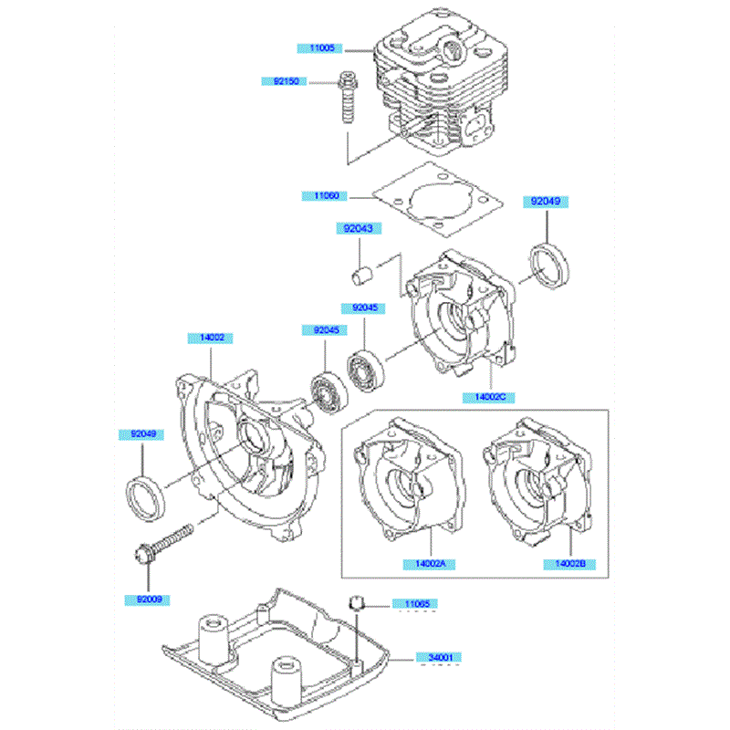 Kawasaki KBH26A (HAO26F-AS50) Parts Diagram, Cylinder & Crankcase