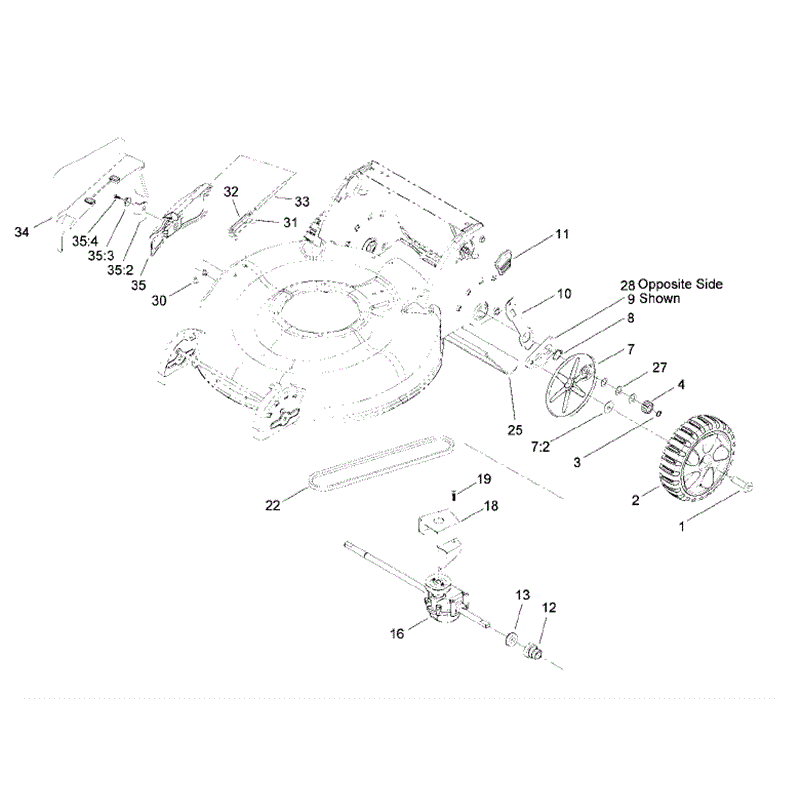 Hayter R53 Recycling Lawnmower (448E290000001 - 448E290999999) Parts Diagram, Rear Wheel Transmission & Side Discharge Chute Assembly