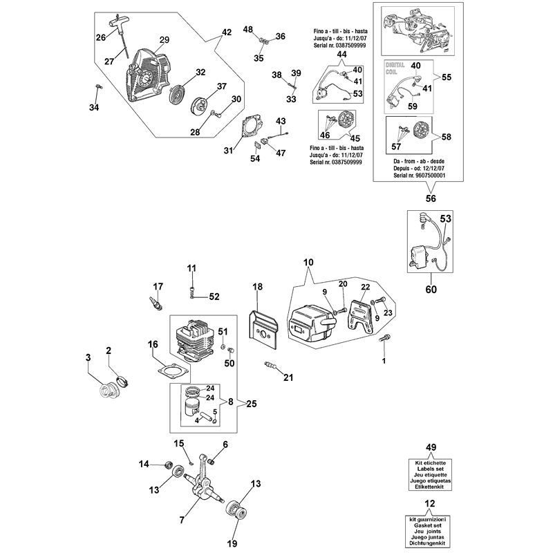 Efco 162 Petrol Chainsaw (162) Parts Diagram, Starter assy and engine