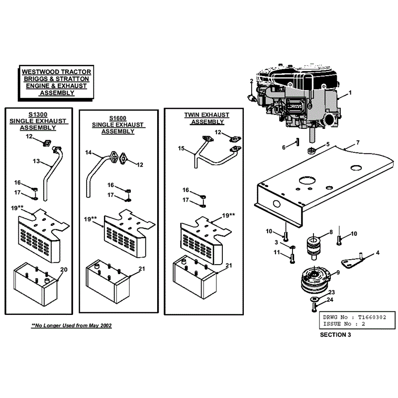 Westwood 2000 - 2001 S&T Series Lawn Tractors (2000-2001) Parts Diagram, Briggs & Stratton Engine & Exhaust Assembly