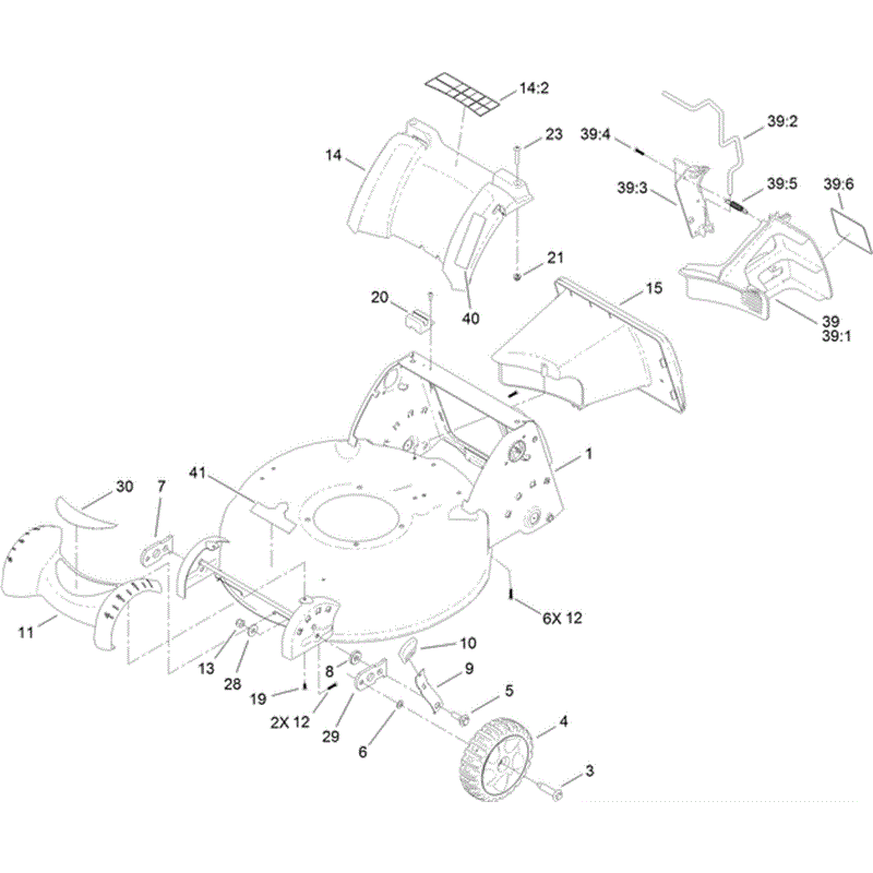 Hayter R53 Recycling Lawnmower (448F313000001 - 448F313999999) Parts Diagram, Housing	Rear Cover and Front Axle Assembly.