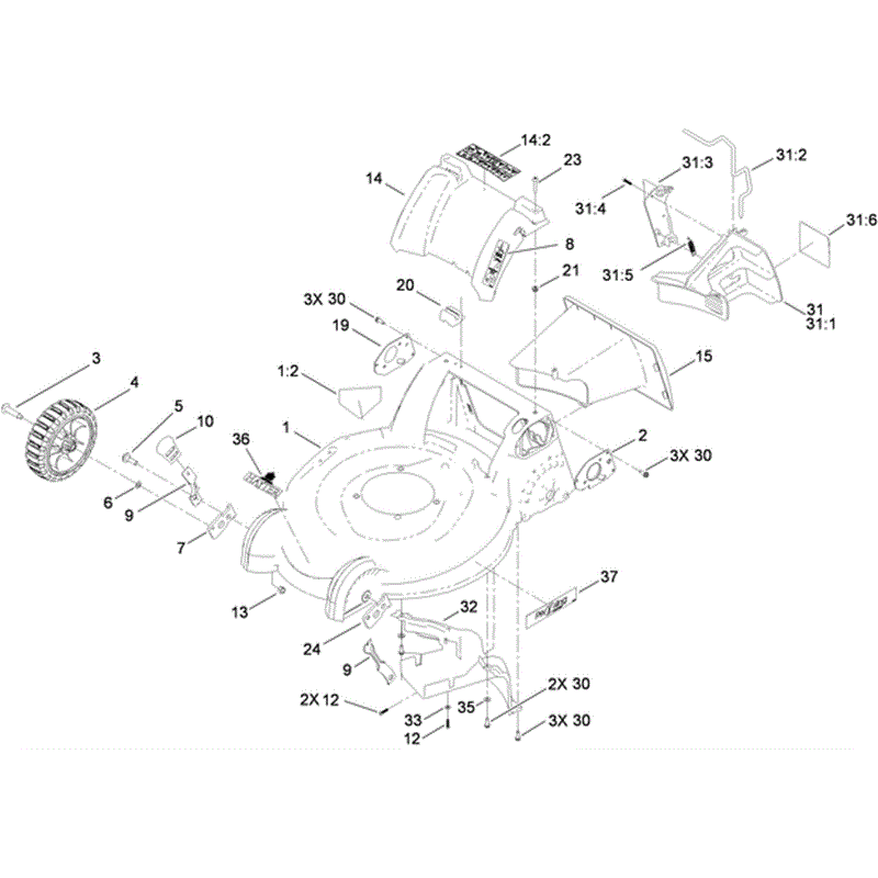 Hayter R53 Recycling Lawnmower (449E290001000 - 449E290999999) Parts Diagram, Housing Rear Cover and Front Wheel Assembly