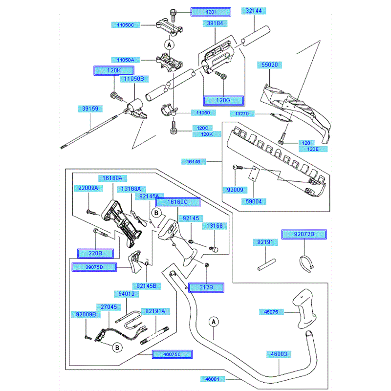 Kawasaki KBH48A  (HA048F-AS50) Parts Diagram, PIPE/HANDLE/GUARD