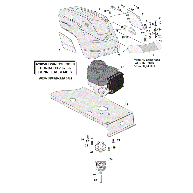 Countax A2050 Lawn Tractor 2004 (2004) Parts Diagram, MK-2 BONNET & TWIN CYLINDER HONDA ENGINE ASSY