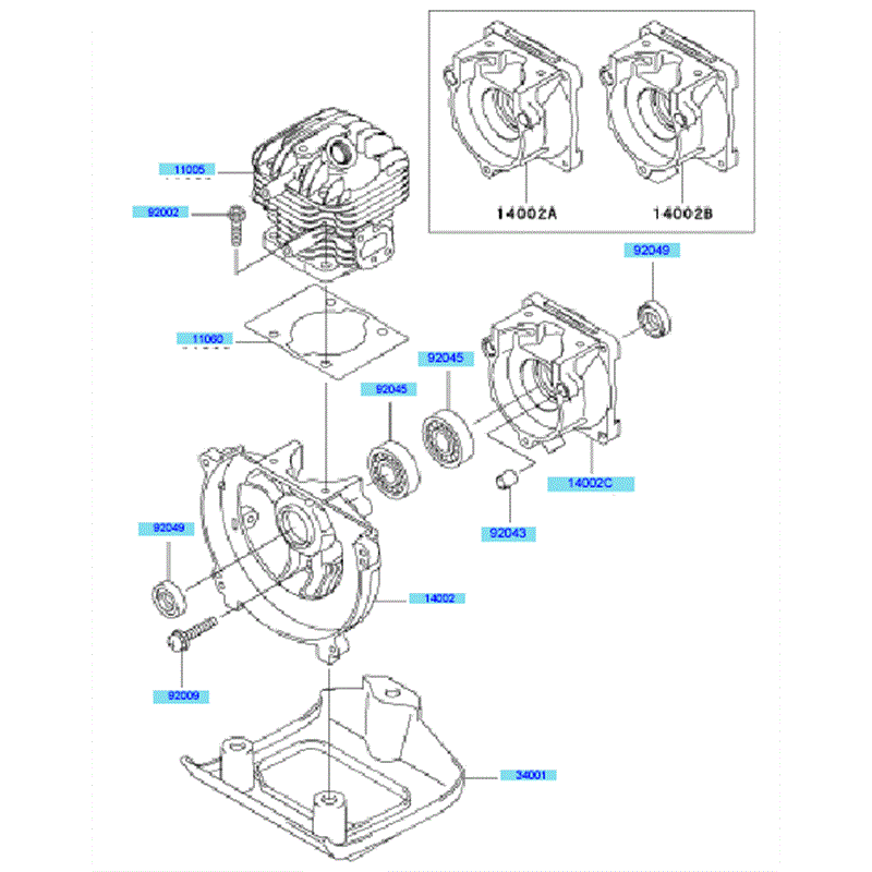 Kawasaki KBL34A (HA034F-BS51) Parts Diagram, Cylinder & Crankcase