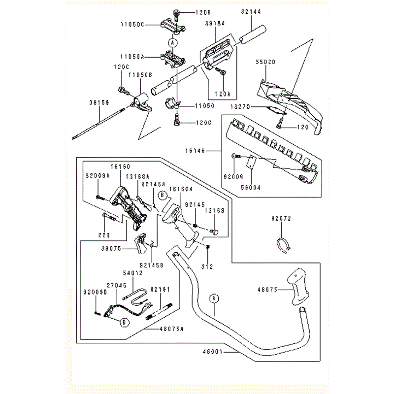 Kawasaki KBH34A (HA034F-AS50) Parts Diagram, PIPE/HANDLE/GUARD