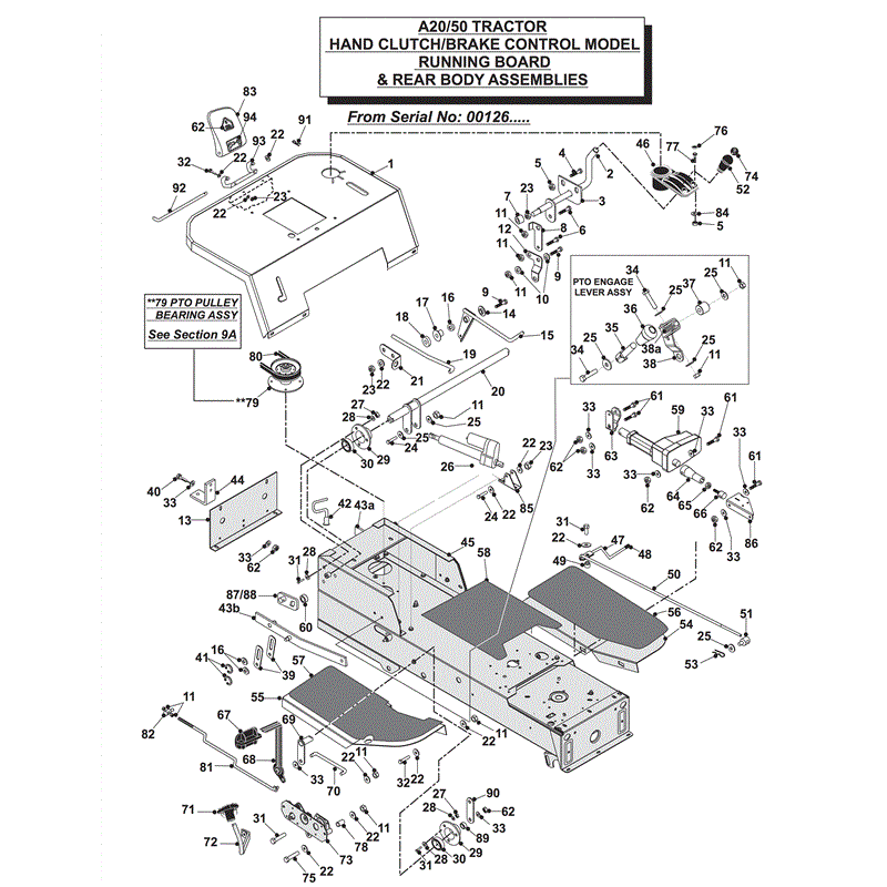 Countax A2050 Lawn Tractor 2004 (2004) Parts Diagram, RUNNING BOARD & REAR BODY ASSEMBLY - HAND CLUTCH / BRAKE CONTROL from Serial No: 00216...