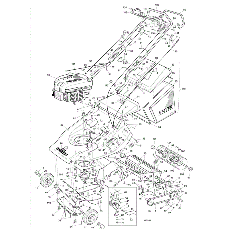 Hayter Harrier 56 (343) Lawnmower (343S001001-343S099999) Parts Diagram, Main Frame Assembly