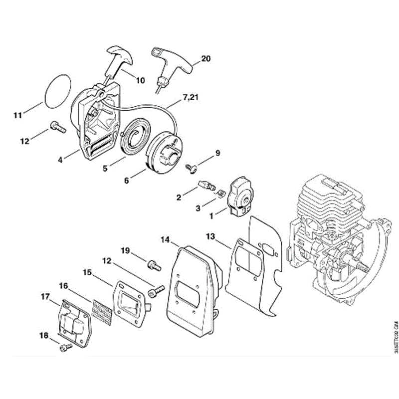 Stihl FS 74 Brushcutter (FS74) Parts Diagram, B-Rewind starter, Muffler