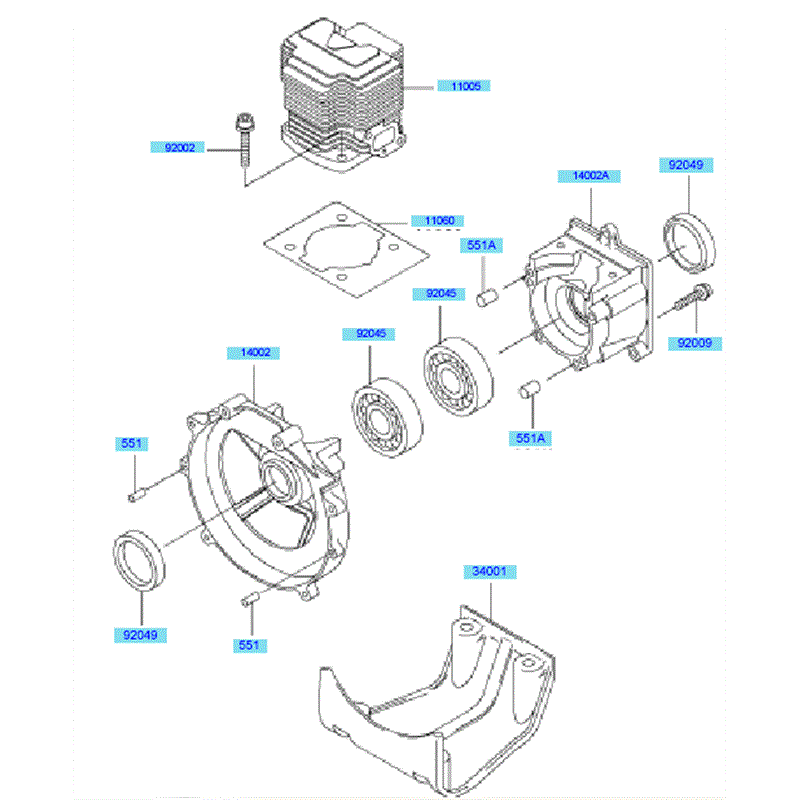 Kawasaki KBL45A (HA045A-AS50) Parts Diagram, Cylinder & Crankcase