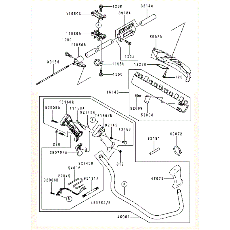Kawasaki KBH43A (HA043F-AS50) Parts Diagram, PIPE/HANDLE/GUARD