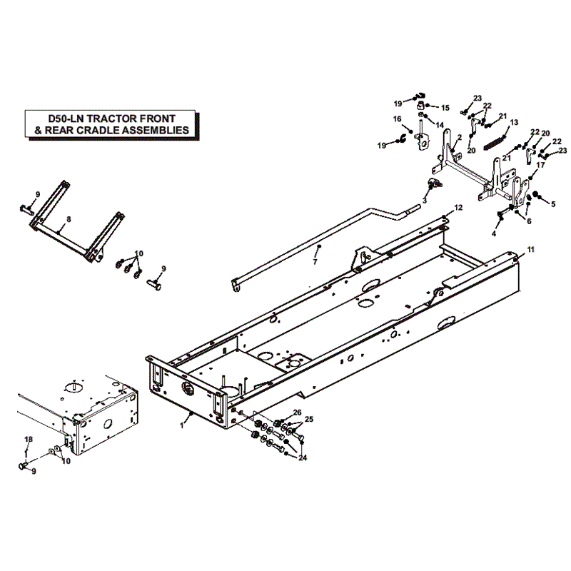 Countax D50LN Lawn Tractor 2007 (2007) Parts Diagram, Front & Rear Cradle Assemblies