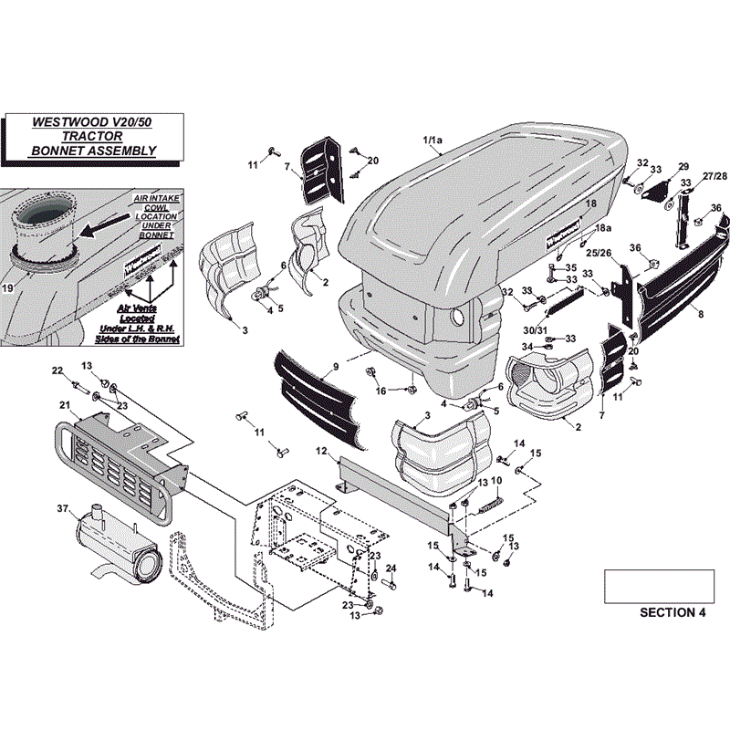 Westwood V20/50 Tractor 2004-2006	 (2004-2006	) Parts Diagram, Bonnet Assembly
