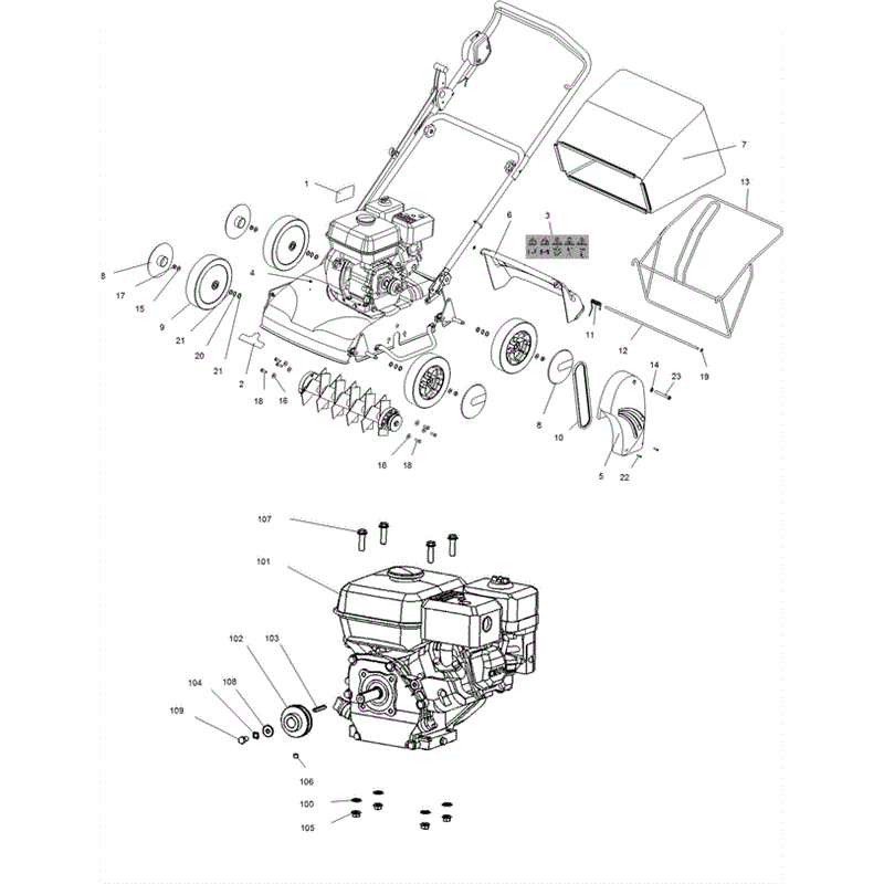 Hayter 110 Scarifier  (110J315000001 - Onwards) Parts Diagram, Lower Deck & Engine