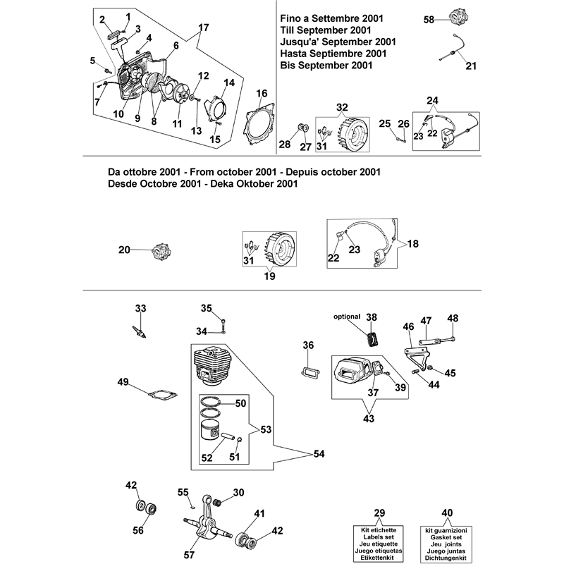Efco 199 Petrol Chainsaw (199) Parts Diagram, Starter assy and engine