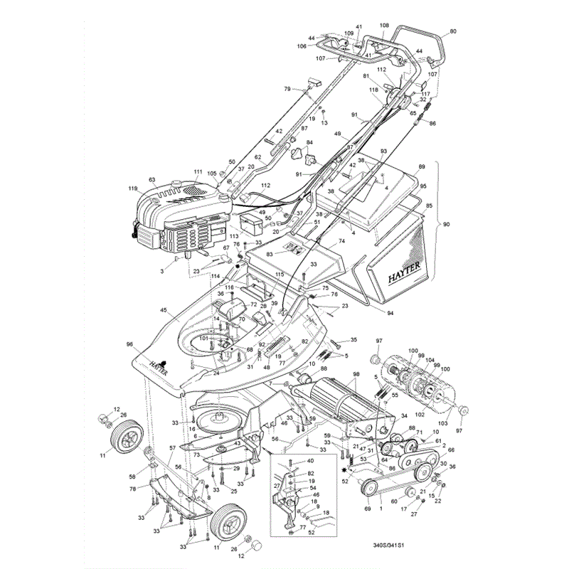 Hayter Harrier 56 (341) Lawnmower (341A001001-341A099999) Parts Diagram, Main Frame Assembly