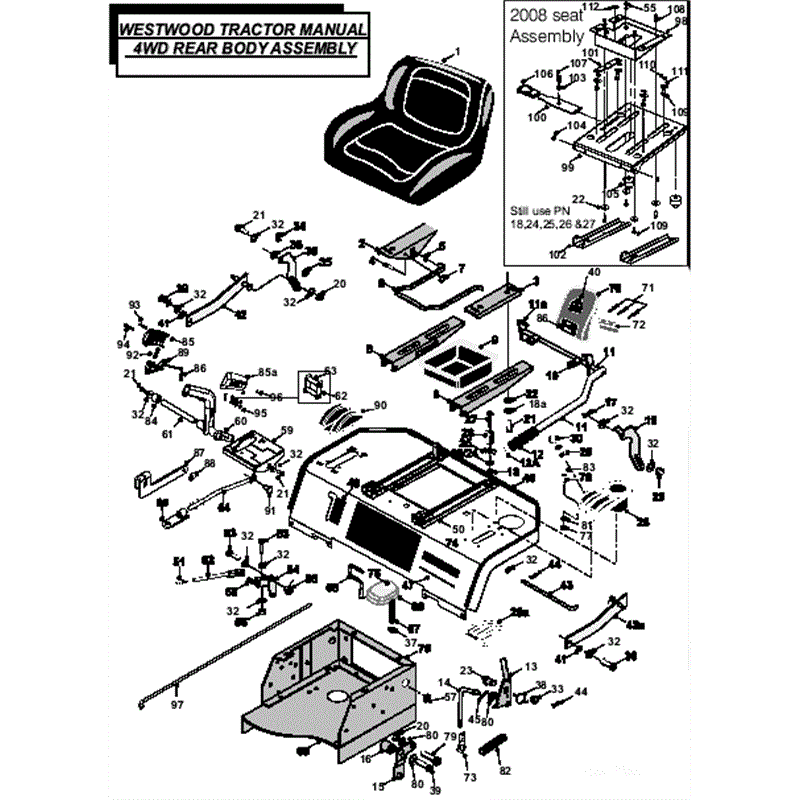 Westwood T Series 4WD B&S From 01/2008 on (2008 On) Parts Diagram, Manual Rear Body Assembly