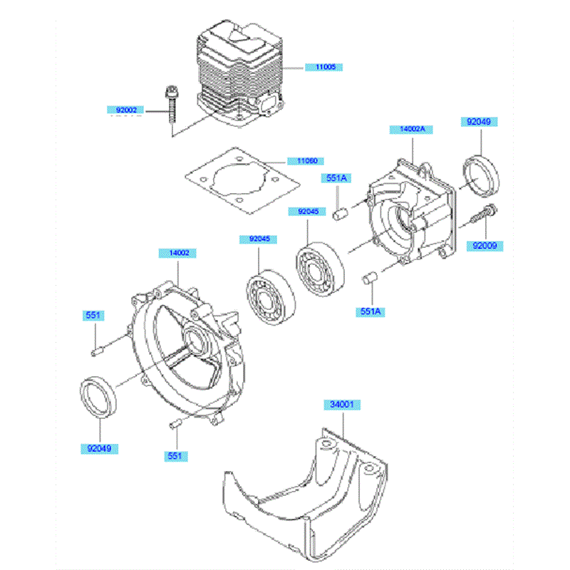 Kawasaki KBH48B (HA048J-AS50) Parts Diagram, Cylinder & Crankcase