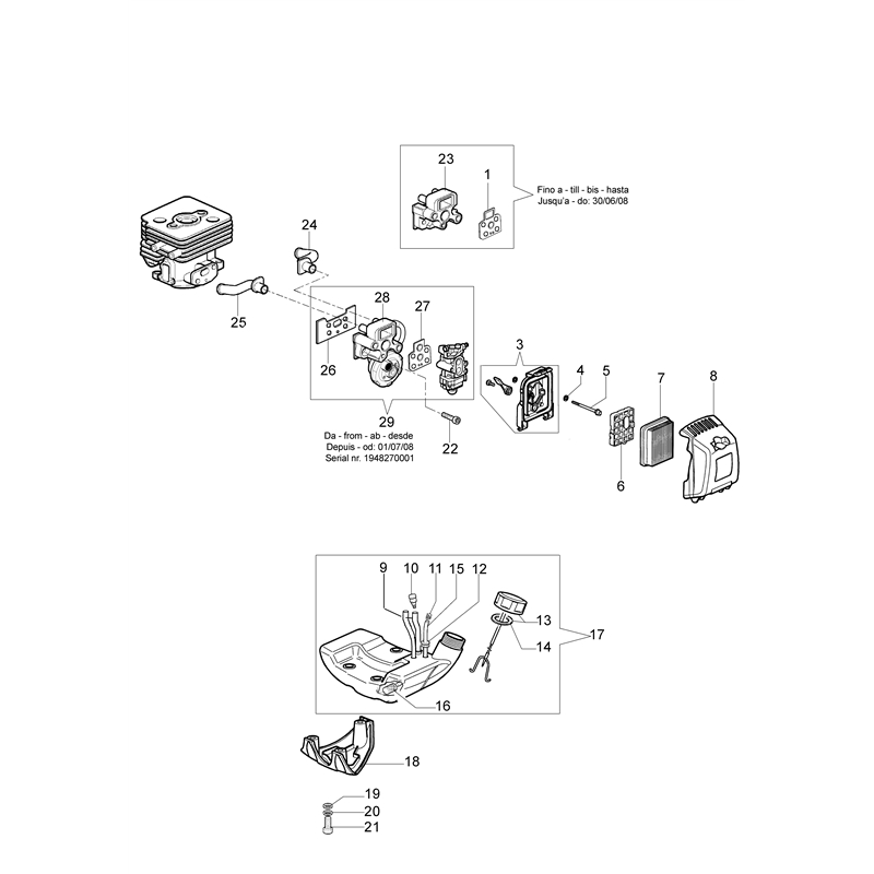 Oleo-Mac BC 280 T (BC 250 T) Parts Diagram, Tank and air filter