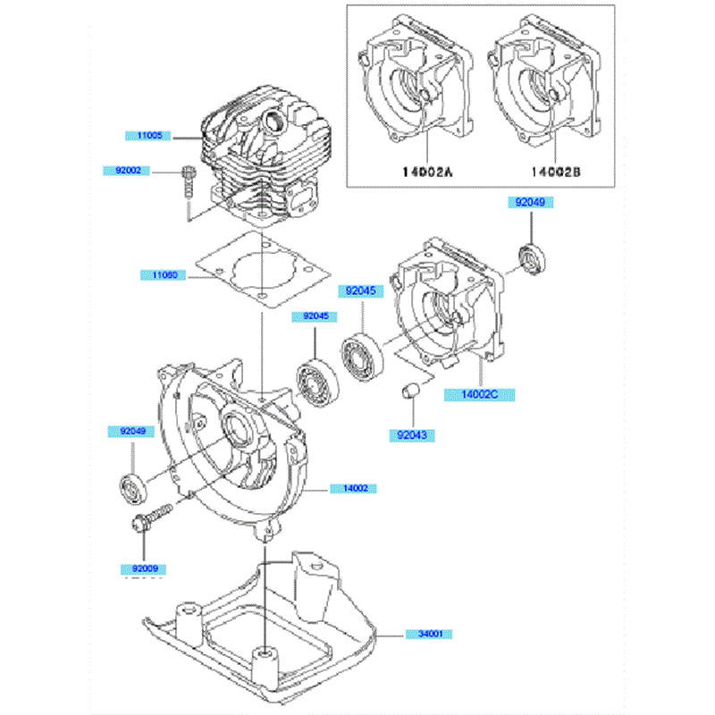 Kawasaki KBH34A (HA034F-BS50) Parts Diagram, Cylinder	 Crankcase