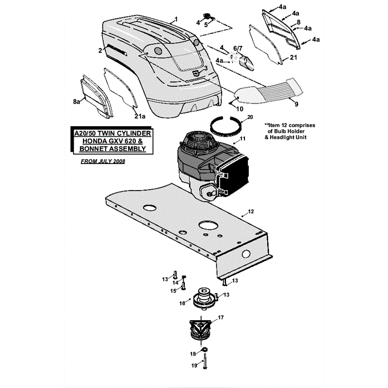 Countax A2050 - A2550 Lawn Tractor 2008 (2008) Parts Diagram, Twin Cylinder Honda GXV 620 & Bonnet assembly