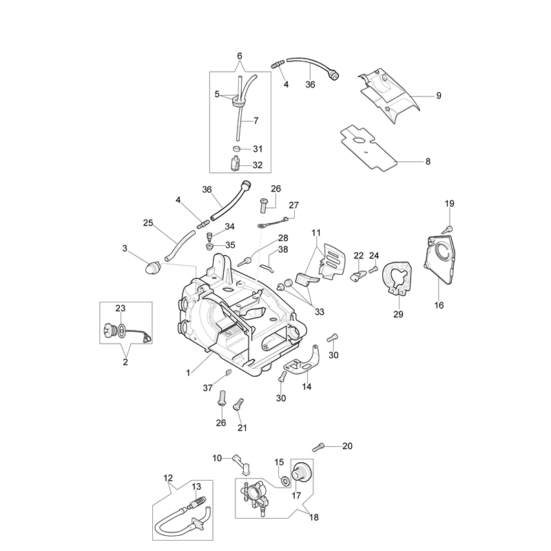 Efco MT 2600 Petrol Chainsaw (MT 2600) Parts Diagram, Crankcase assy
