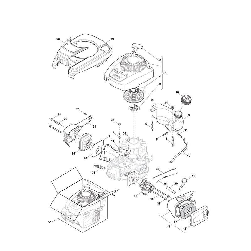 Mountfield HP45 Petrol Rotary Mower (299174648-M17 [2017-2020]) Parts Diagram,  Carburettor, Tank