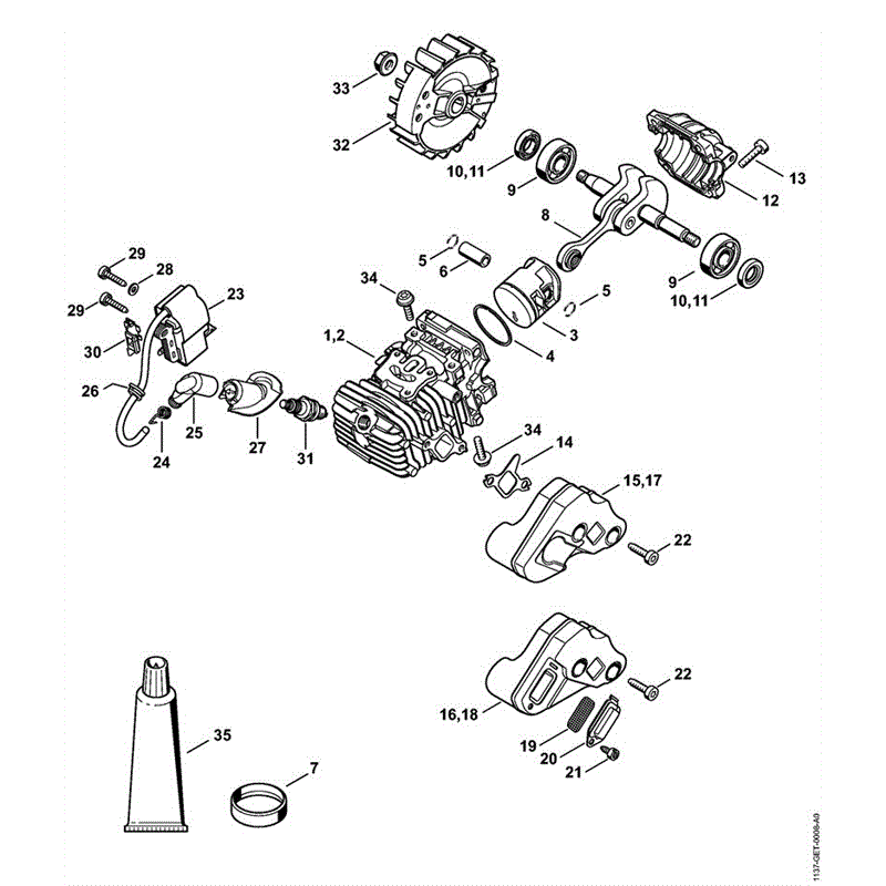Stihl MS 193 CHAINSAW (MS 193 T ) Parts Diagram, MS193T-A-CYLINDER-&-PISTON