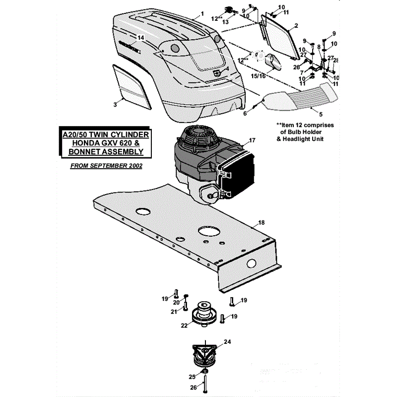 Countax A2050 Lawn Tractor 2007 (2007) Parts Diagram, Twin Cylinder Honda GXV 620 & Bonnet Assembly