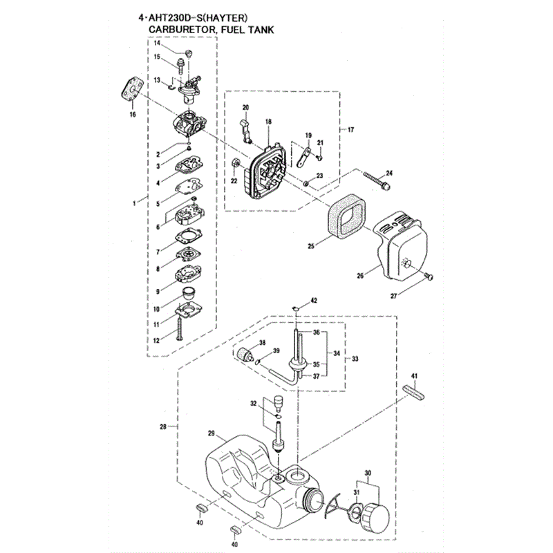 Hayter 472-AHT230D-S Hedgetrimmer  (472A001001-472A099999) Parts Diagram, Carburetor - Fuel Tank