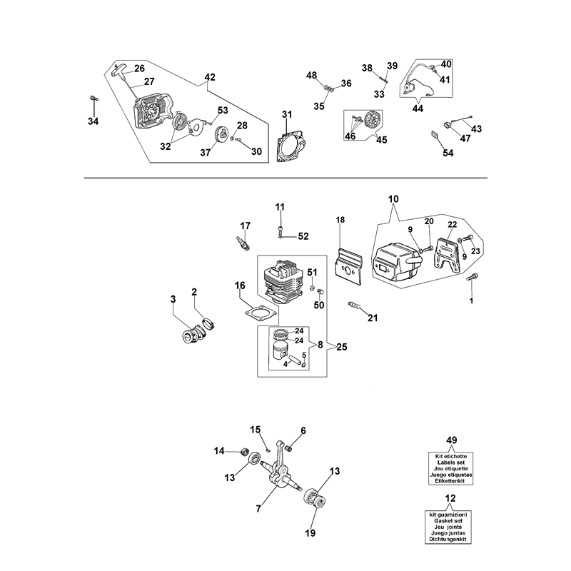 Efco 171 Petrol Chainsaw (171) Parts Diagram, Starter assy and engine