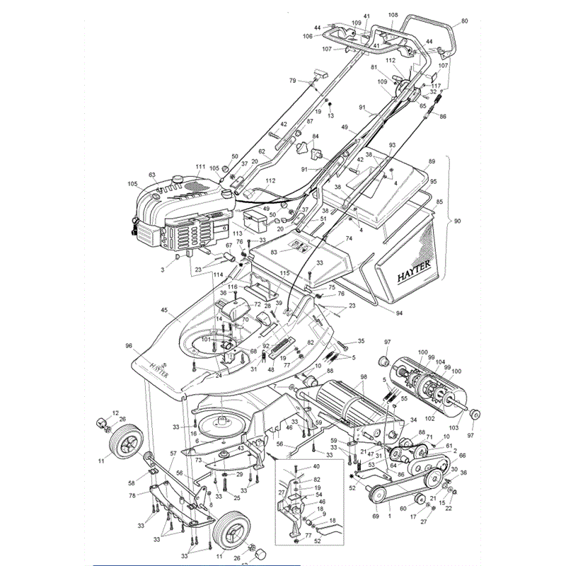 Hayter Harrier 56 (341) Lawnmower (341C001001-341C099999) Parts Diagram, Main Frame Assembly