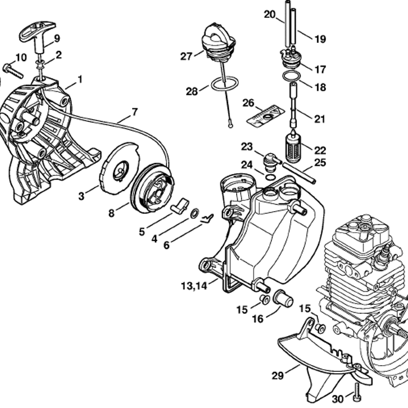 Stihl FS 90 Brushcutter (FS90-R) Parts Diagram, Rewind starter, Fuel tank