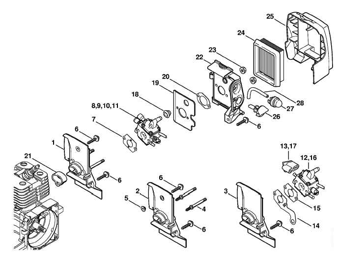 Carburetor housing, Air filter