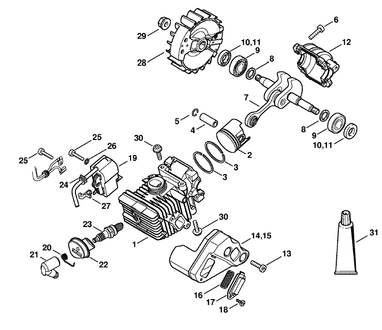 Stihl MS 192 Chainsaw (MS192C-E) Parts Diagram, Cylinder with Piston