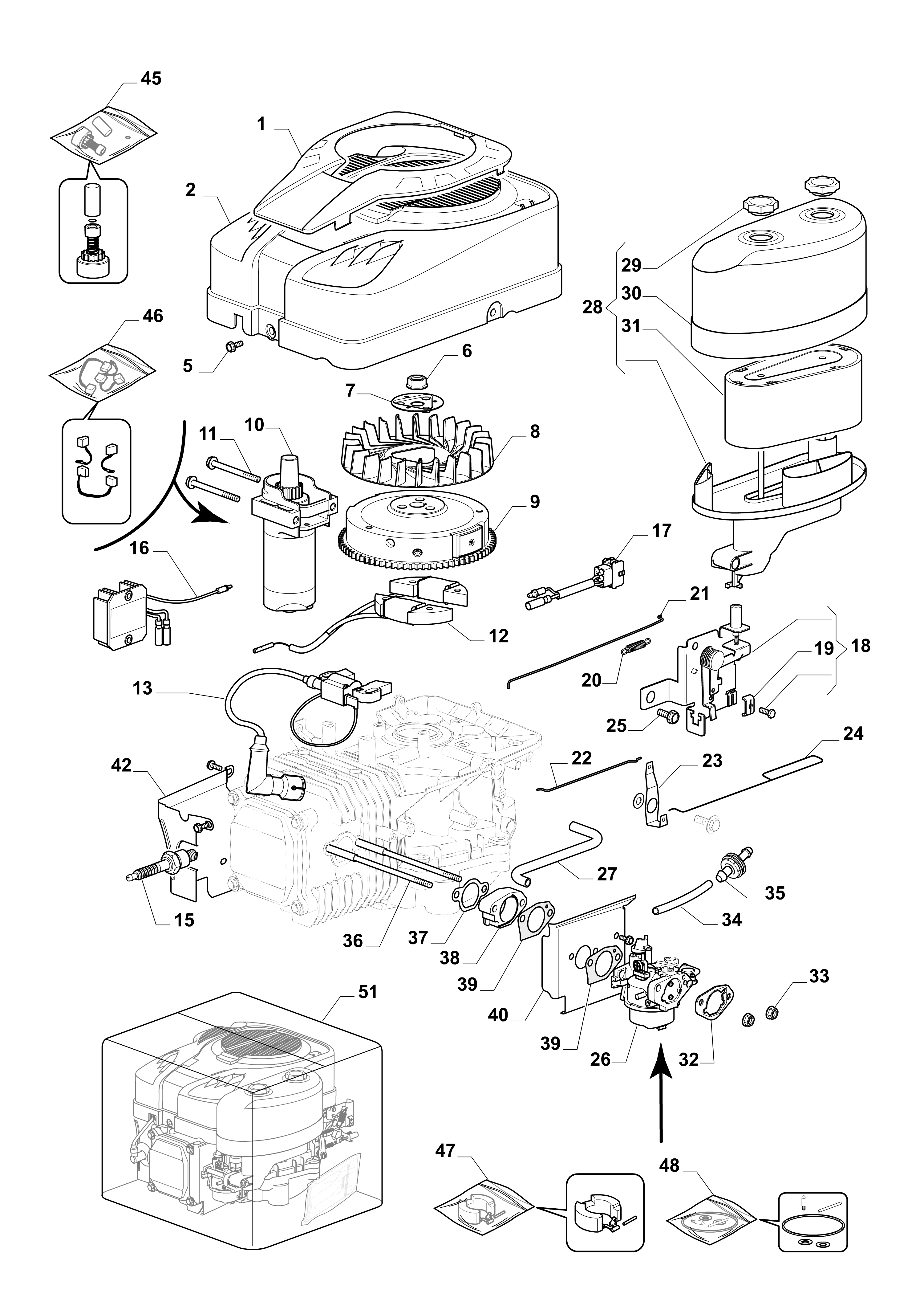 Starter, carburettor and air filter