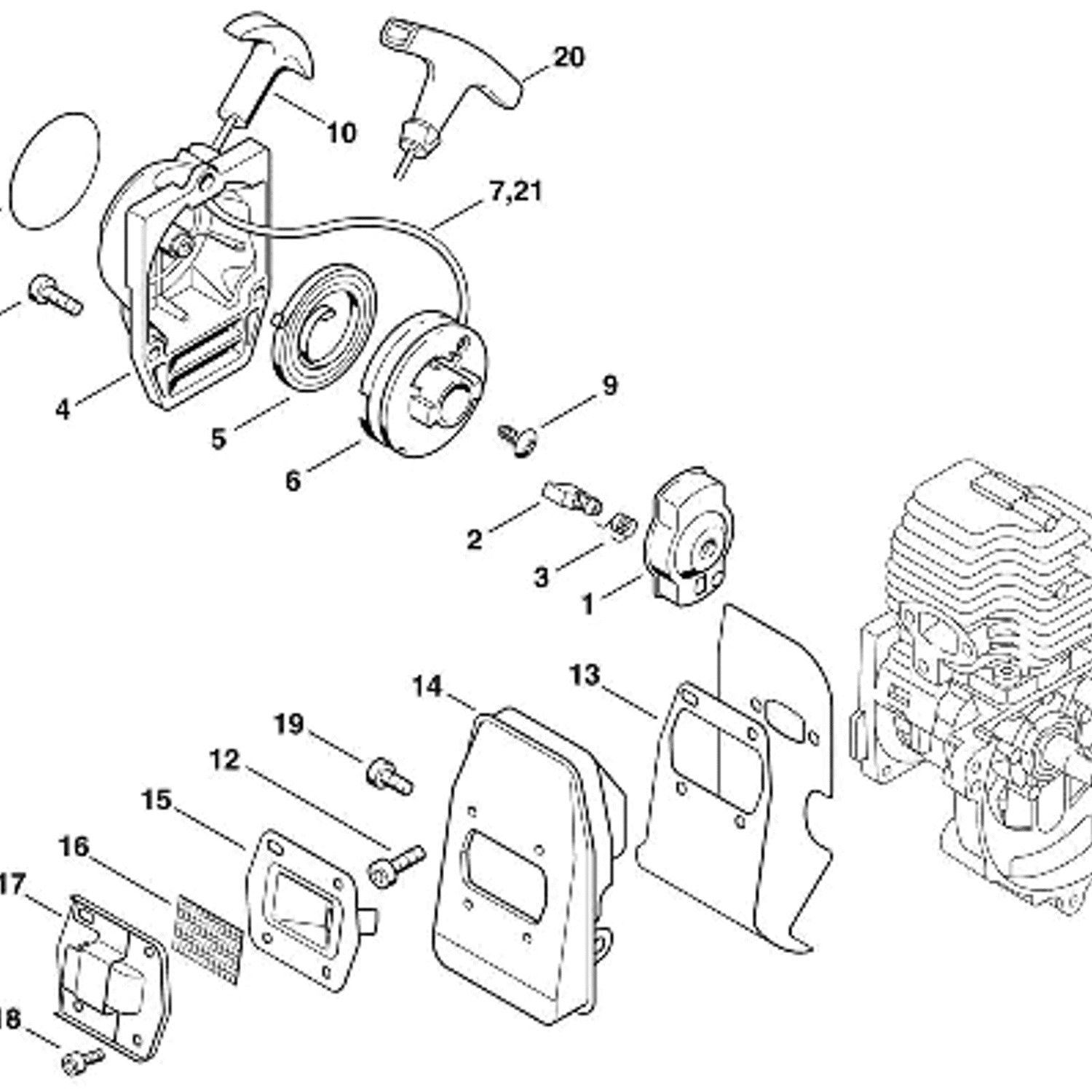 Stihl FS 74 Brushcutter (FS74) Parts Diagram, B-Rewind starter, Muffler